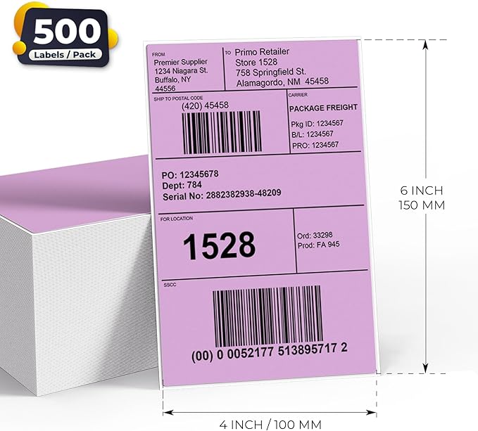 Purple Direct Thermal Labels 4 × 6 Inch Vinyl Self-Adhesive Fanfold Shipping Stickers Waterproof Perforated Printer Decal for Office Warehouse Home 500 PCS