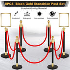 Blulu 8 Sets Stainless Steel Stanchion Set 8 Crowd Control Poles 7 Velvet Ropes and 2 A4 Sign Holders Carpet Ropes and Hollow Base Poles Easy Assembly Safety Barrier for Event Party(Black Gold)