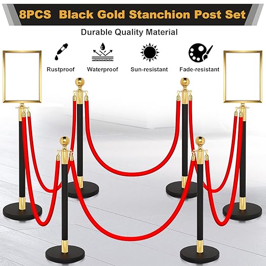 Blulu 8 Sets Stainless Steel Stanchion Set 8 Crowd Control Poles 7 Velvet Ropes and 2 A4 Sign Holders Carpet Ropes and Hollow Base Poles Easy Assembly Safety Barrier for Event Party(Black Gold)