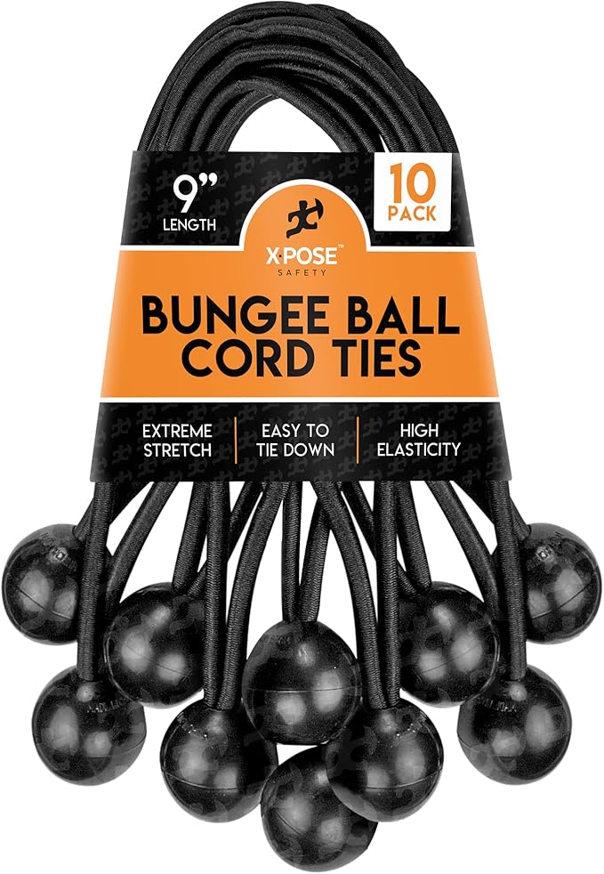Xpose Safety Bungee Ball Cords 9" 10 Pack Heavy Duty Black Stretch Rope with Ball Ties for Canopies, Tarps, Walls, Cable Organization