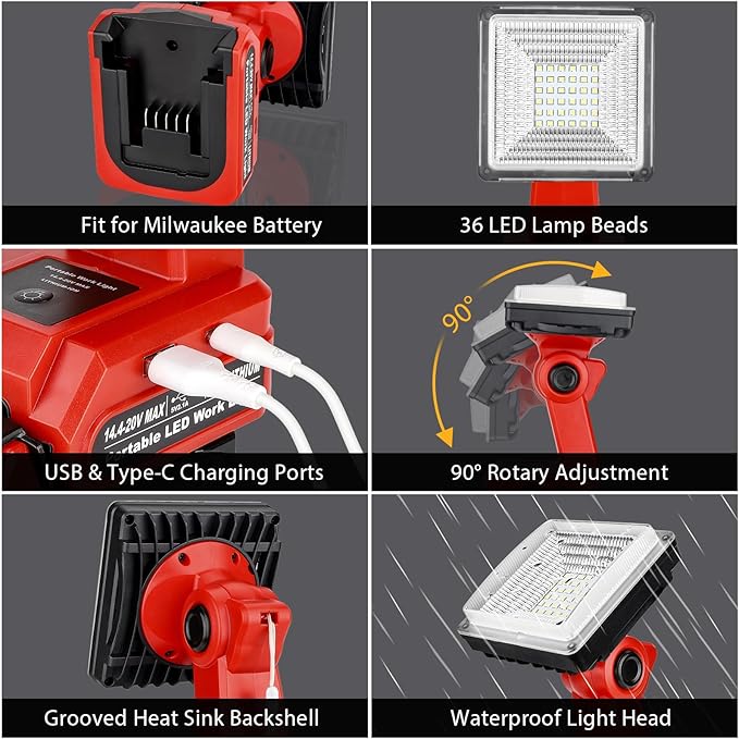 25W 2000LM Cordless LED Work Light for Milwaukee M18 18V Battery Portable Flood Lights for Outdoor Indoor Workshop Job Site, LED Floodlight with Pivoting Head/USB Port(No Battery)