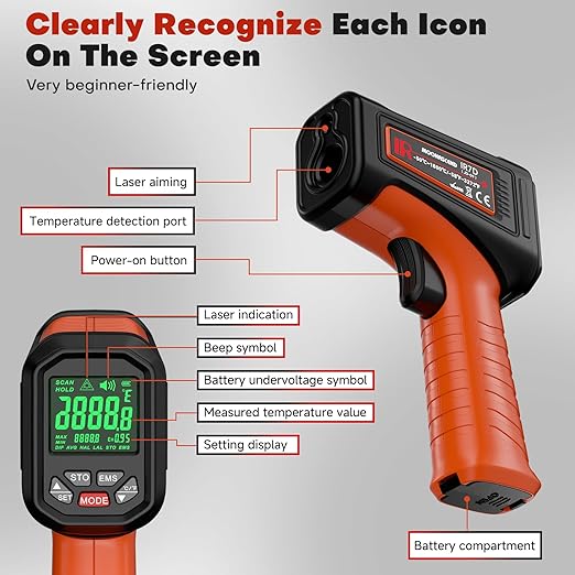 50:1 Infrared Thermometer Laser Temperature Gun -58℉~3272℉, Meat Food Pizza Oven Grill Thermometer for Griddle Accessories, Heat Gun for Cooking, HVAC, Engine Surface Temp Reader