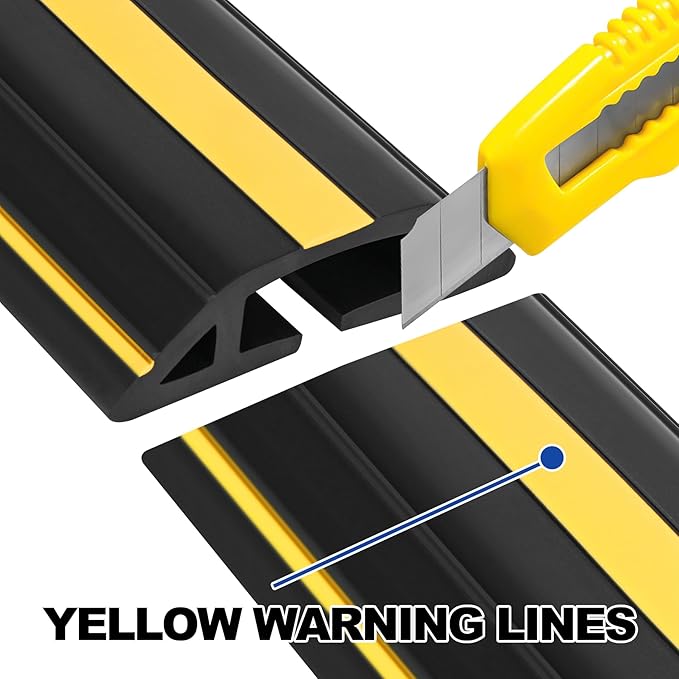 6.5Ft Cord Covers for Wires on Floor, 3-Channel Heavy Duty Floor Cord Cover with Anti-Slip Base & Yellow Warning Strips, Extension Cord Covers for Floor, Ideal for Home, Office, Outdoor Use