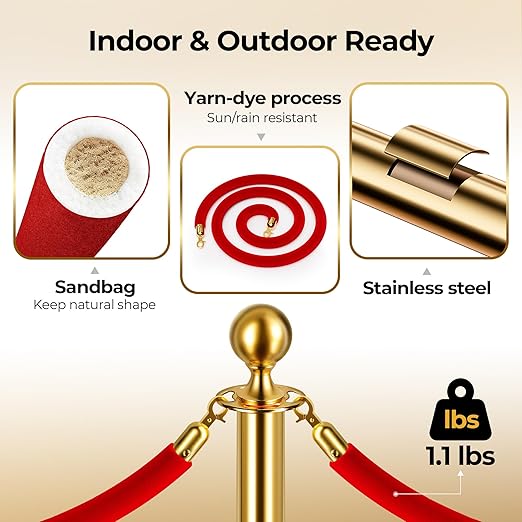 8pcs Sturdy Gold Stanchion Posts and 8pcs High Quality Red Carpet Velvet Ropes, Water/Sand/Concrete Fillable Leakproof Base, Crowd Control Barriers for Birthday, Prom, Business, Wedding
