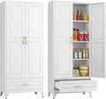 Kitchen Pantry Cabinet with Drawer, 75" Tall Pantry Cabinets for Kitchen Storage, Metal Storage Cabinets with Doors and Shelves, Freestanding Cupboards for Dining Room, White, Assembly Required