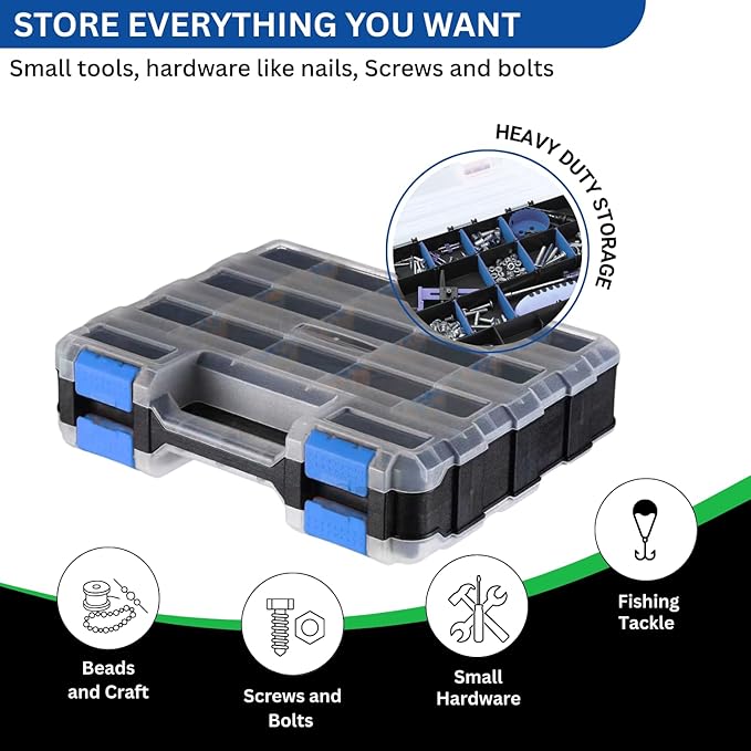 Andalus Tools Organizer Box, Small Parts Storage 34-Compartment Double-Sided Portable Hardware Organizer Removable Plastic Dividers for Screws, Nuts, Bolts, Nails – Blue (2 Pack, 12.5" x 10.5" x 3")