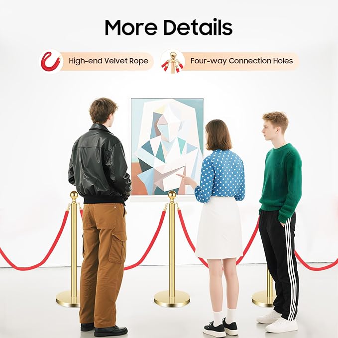 6 PCS Gold Stanchion Posts,Red Carpet Safety Barrier,Crowd Control Barriers,5 ft Red Velvet Rope Carpet Ropes,Stainless Steel Gold Stanchions,Line Dividers for Parties,Weddings,Museums