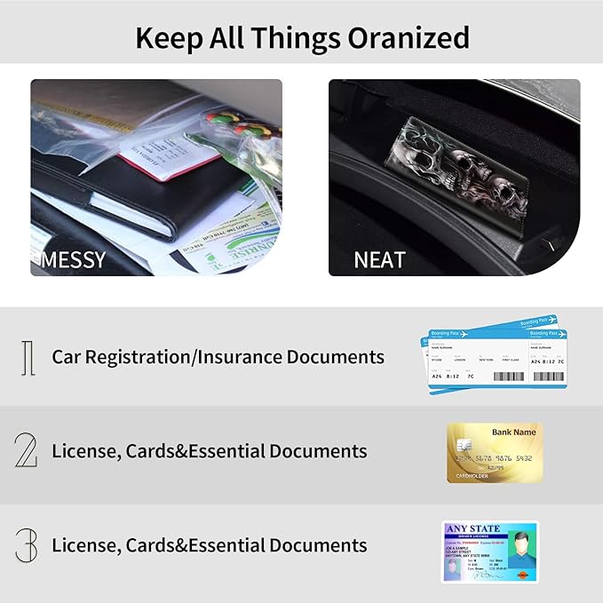 Car Registration and Insurance Holder, Leather Car Glove Box Organizer, Cool Car Accessories for ID, Driver's License Cards & Essential Document,business cards,Men&Women,Skull/Black