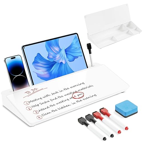 Glass Desktop Whiteboard with Storage, Desk Dry Erase Board Small White Board for Desk, Computer Keyboard Stand Includes 4 Markers, 1 Eraser for Office, Home, School Supplies