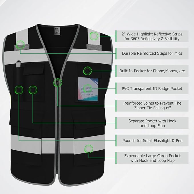 TCCFCCT Safety Vest for Men Women 5 Pockets Reflective Vest with Reinforced Zipper, High Visibility Construction Work Vest with Tabs for Walkie-talkie, Durable to Use, Meets ANSI/ISEA, Black, XXL