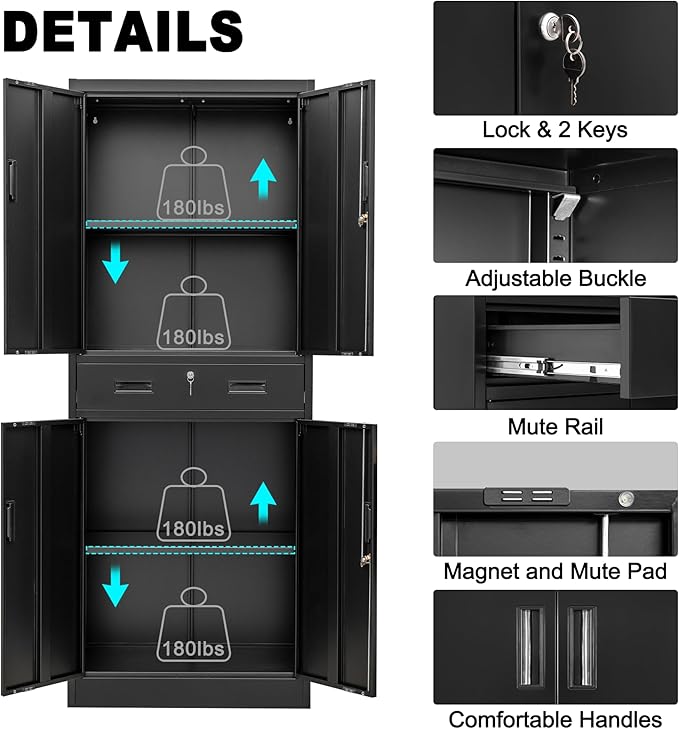 Metal Storage Cabinet, 71" H x 28" W x 16" D Locking Storage Cabinet with Adjustable Shelves and One Drawer, Steel Cabinet for Office, Garage, Home, School, Utility (Black)