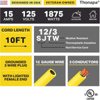 2 Pack Lighted Outdoor Extension Cord 10 ft - 12 Gauge 15 Amp Heavy Duty Power Extension Cords - SJTW - Great for Major Appliances, Power Tools, Garden Supplies - Yellow