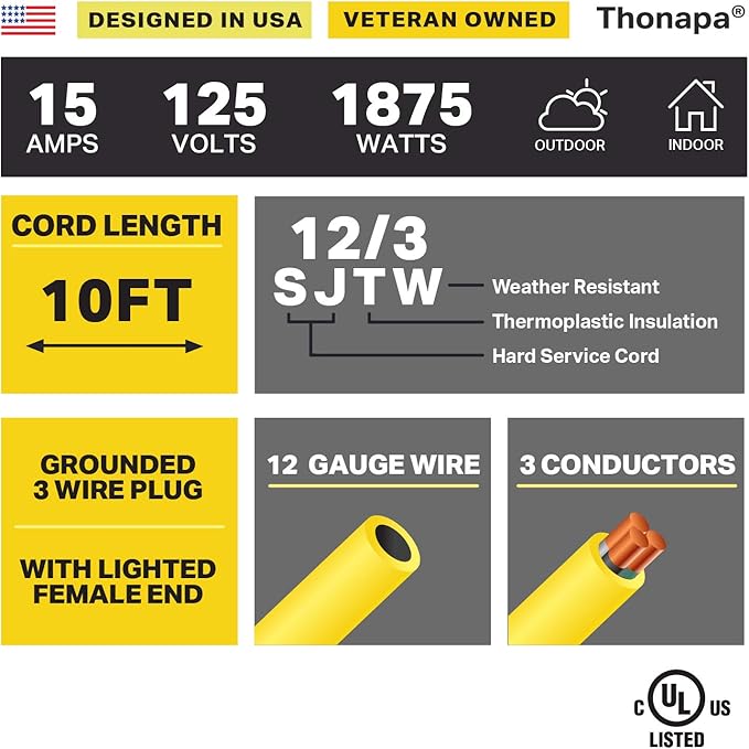 2 Pack Lighted Outdoor Extension Cord 10 ft - 12 Gauge 15 Amp Heavy Duty Power Extension Cords - SJTW - Great for Major Appliances, Power Tools, Garden Supplies - Yellow