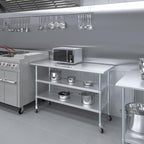 AmGood Stainless Steel Work Table with 2 Shelves and Casters | Metal Utility Table On Wheels (Stainless Steel Work Table with 2 Shelves + Casters, 60" Long x 24" Deep)