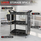 HOMCOM 3 Tier Utility Cart on Wheels, Rolling Tool Storage with Pegboards and Bucket, 200 LBS Load Capacity Plastic Service Cart for Garage, Warehouse, Workshop, Black and Light Gray