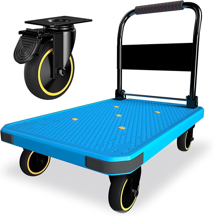 WUD Foldable Hand-Push Platform Truck with Brake, 360-Degree Swivel Wheels, 35.4”L x 23.6”W, 880 lb Load Capacity, Suitable for Luggage, Travel, Moving, Shopping, Office, Home Garden, Blue