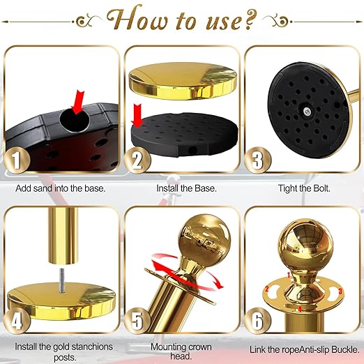 6PCS Gold Stanchions Posts with 4PCS 5 ft Red Velvet Rope, Red Velvet Rope Stanchion Set Crowd Control Barriers, Stanchions and Velvet Ropes Red Carpet Poles for Party Supplies