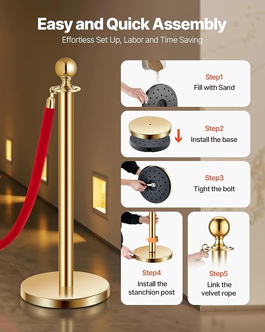 VEVOR Stanchions and Velvet Ropes 8Pcs, Hollow Base with Stainless Steel Post, 6 Red Velvet Ropes and Posts, Crowd Control Barriers Gold Stanchions, Red Carpet Runner Poles for Party Supplies