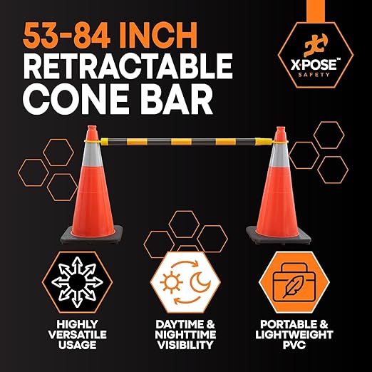 Retractable Barrier for Safety Traffic Cones - 53" to 84" - 2" OD - Large Yellow & Black Bar Barricade Bulk Half Pallet 360 Pack for Road Construction, Parking,Warning,Security Divider by Xpose Safety