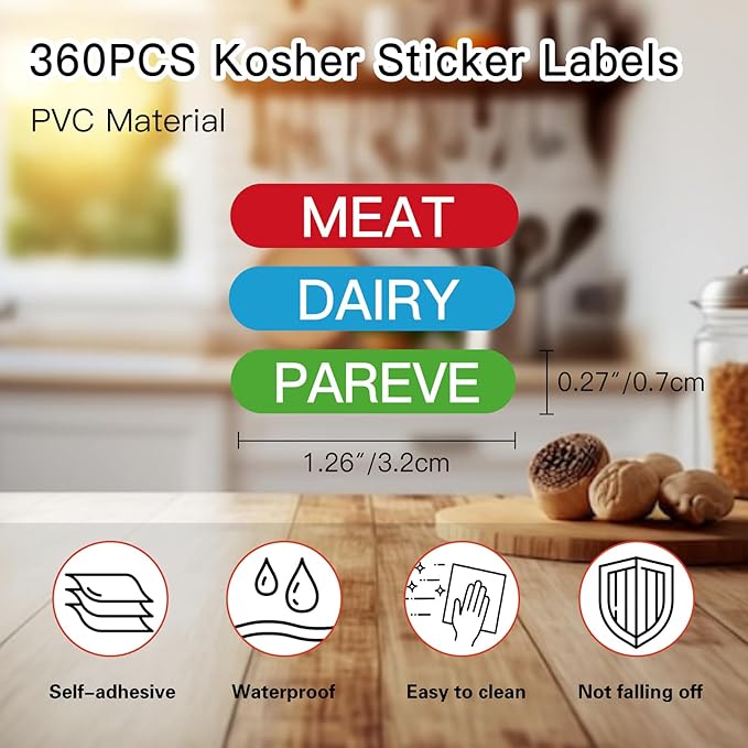 360PCS Kosher Labels for Kitchen, Color Coded Meat Dairy Pareve Stickers, PVC Material,1.25 x 0.27 Inch, Waterproof & Dishwasher Safe,Freezable and Microwavable