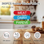 360PCS Kosher Labels for Kitchen, Color Coded Meat Dairy Pareve Stickers, PVC Material,1.25 x 0.27 Inch, Waterproof & Dishwasher Safe,Freezable and Microwavable