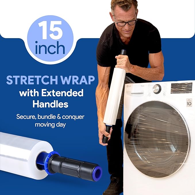 International Plastics Co. 70 Gauge 15" Plastic Stretch Film/Wrap with Extended Handles 1000ft Clear Moving Industrial Packing Heavy Duty Shrink Cling Durable Furniture (Extended Handles, 2 Pack)