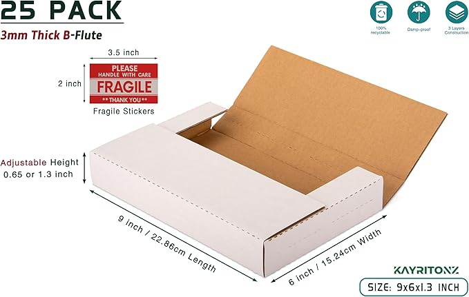 9x6x1.3 inch Mailing Boxes, Multi-Depth CD DVD Corrugated Cardboard Boxes with Fragile Stickers for Shipping, Storing, Package, Business or Home, White, 25 Pack
