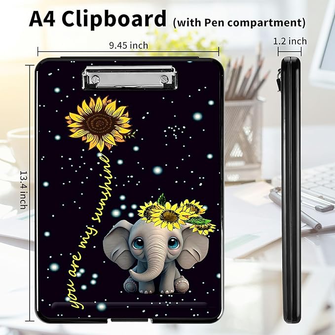 A4 Clipboards,Heavy Duty Waterproof Nursing Plastic Folder Clipboard with Storage Clip Boards,File Folder Storage Box Clipboard Case for Teacher,Doctor,Offices,Elephant Sunflower