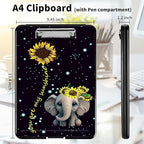 A4 Clipboards,Heavy Duty Waterproof Nursing Plastic Folder Clipboard with Storage Clip Boards,File Folder Storage Box Clipboard Case for Teacher,Doctor,Offices,Elephant Sunflower