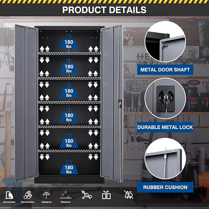 71” Tall Metal Storage Cabinet- Steel File Cabinets with Lockable Doors and Adjustable Shelves-Black&Gray Steel Storage Cabinet for Home,Kitchen, School, Office, Garage