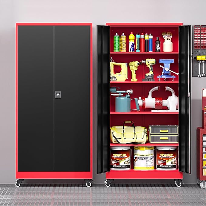 Metal Storage Cabinet with Wheels, Tall Garage Storage Cabinet with 4 Adjustable Shelves and 2 Doors, Lockable Tool Cabinet for Garage Home Office,Gym,School(Black-Red)