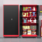 Metal Storage Cabinet with Wheels, Tall Garage Storage Cabinet with 4 Adjustable Shelves and 2 Doors, Lockable Tool Cabinet for Garage Home Office,Gym,School(Black-Red)