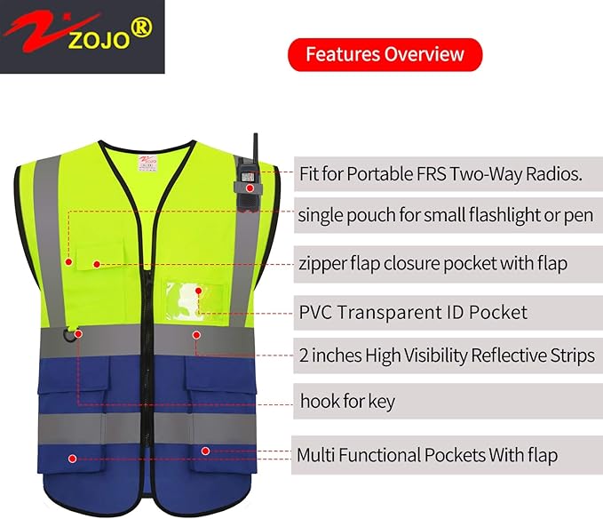 zojo High Visibility Safety Vests With Pockets,Pack of 10,Wholesale Reflective Vest for Outdoor Works, Cycling, Jogging, Walking,Sports - Fits for Men and Women(XL-Mix Yellow & Blue)