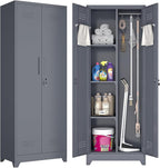 GREATMEET Broom Closet, Broom Closet Cabinet with Pegboard and Hanging Rod, Cleaning Supplies Storage Cabinet for Bathroom, Garage