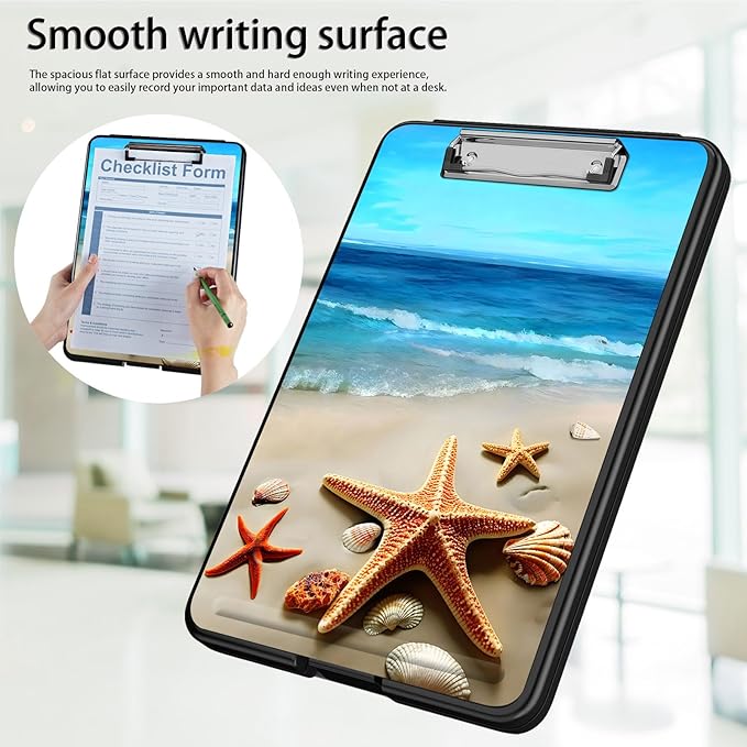 Clipboard with Storage,Office Supplies Nursing Clipboards Folder with Pen Holder Plastic Foldable Clip Board with Storage for Nurse Teacher,Beach Starfish