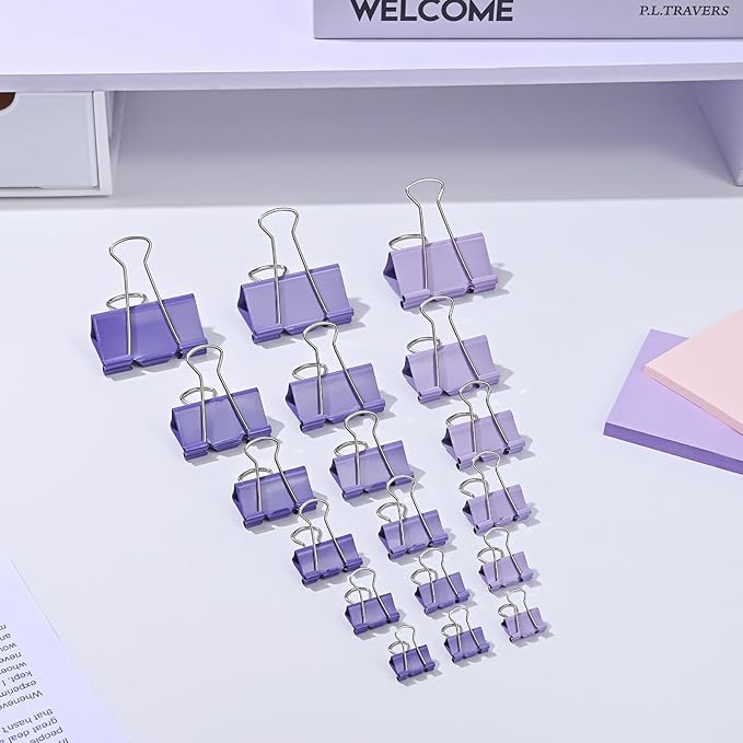 Temiary Aesthetic Binder Clips, 40 Pcs 0.75 Inches Small Metal Binder Clip with Clear Storage Container, Binding Paperwork Clamps for School Teachers Office Supplies (Purple)