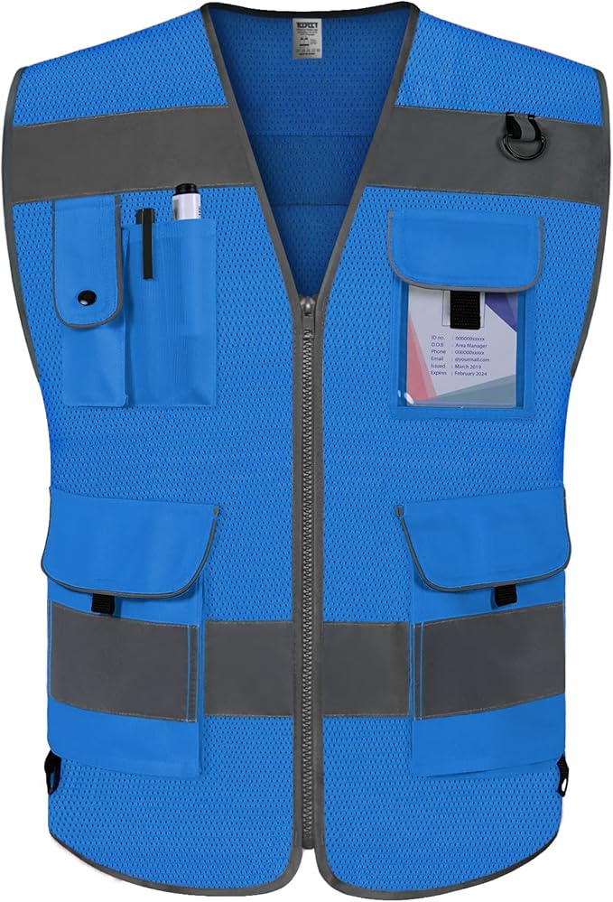 TCCFCCT Mesh Reflective Safety Vest 9 Pockets High Visibility Vest for Men Women, Hi Vis Reflective Work Vest for Safety, Meets ANSI/ISEA Standards, (Blue, XX-Large)