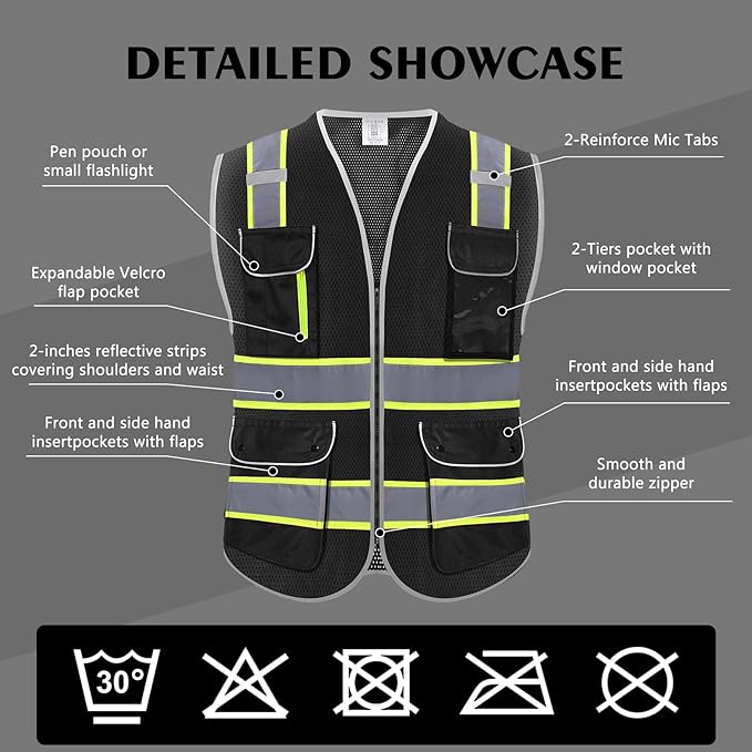 High Visibility Safety Vest - Reflective Breathable Mesh with 9 Pockets, Front Zipper for Men & Women - Meets ANSI/ISEA Standards