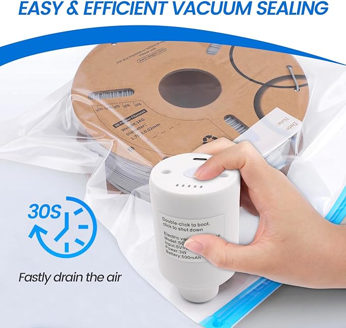 3D Print Filament Storage Bag Vacuum Kits - 30Pcs Cleaning Drying Sealed Bags with 30Pcs Humidity Indicator Cards & Auto-Pump