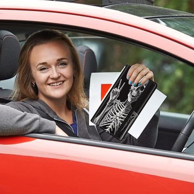 Car Registration and Insurance Holder, Leather Car Glove Box Organizer, Cool Car Accessories for ID, Driver's License Cards & Essential Document,Business Cards,Men&WomenRock Skeleton