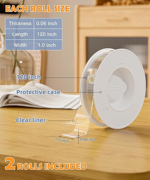 2 Rolls Double Sided Tape Heavy Duty - Removable Mounting Tape for Poster Carpet Picture Hanging Strip Rug Wall Outdoor - Clear & Strong Nano Tape Adhesive Multipurpose