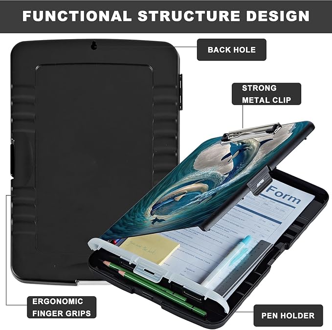 Clipboard with Storage,Heavy Duty Plastic Storage Clipboard with Low Profile Clip,Teacher Must Haves,Office Supplies,Dolphins Ocean