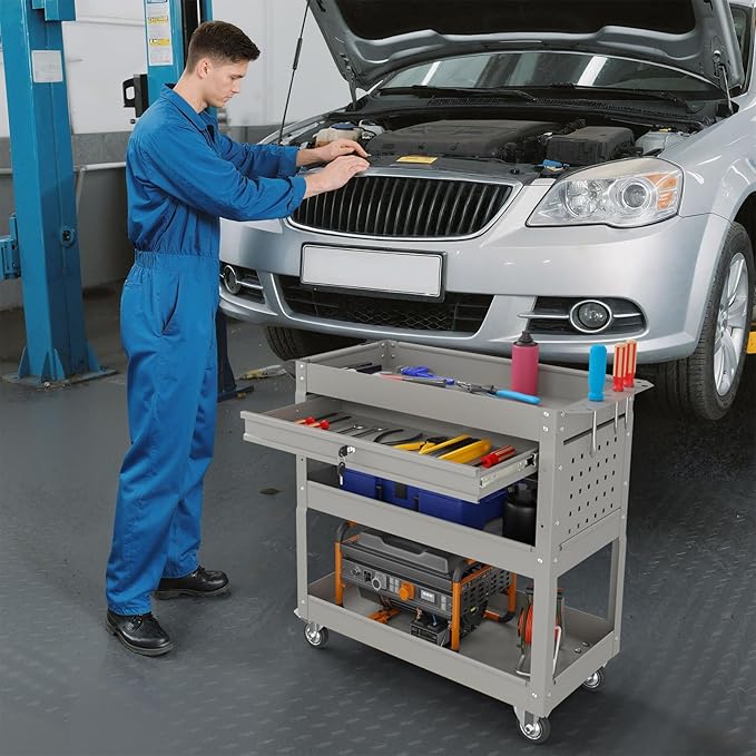 3 Tier Rolling Tool Cart on Wheels, 450 LBS Capacity Tool Cart with Drawers, Heavy Duty Rolling Utility Cart on Wheels, Rolling Tool Work Carts for Garage, Warehouse and Repair Shop,Grey