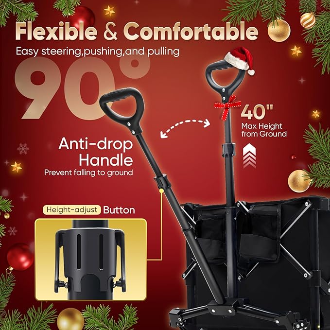 Sekey Collapsible Foldable Wagon with 330lbs Weight Capacity, Heavy Duty Folding Wagon Cart with Big All-Terrain Wheels & Drink Holders. Black