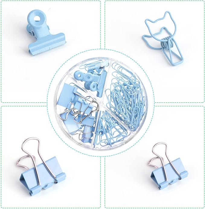 Blue Paper Clips and Binder Clips Set, Metal Assorted Sized Binders with Push Pins, Cute Office Supplies for Desk, Desk Accessories