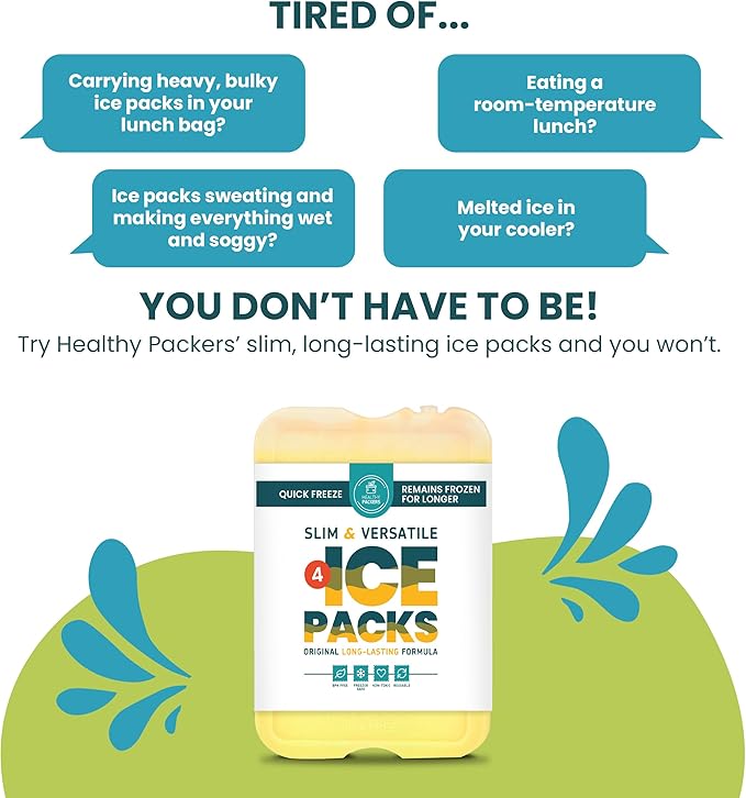 Healthy Packers Reusable Ice Packs for Lunch Boxes - Long Lasting Slim Freezer Packs, Thin Non-Toxic BPA-Free Hard Gel Ice Blocks for Coolers, Kids & Adults Lunch Bags, Travel, Camping, Food Storage