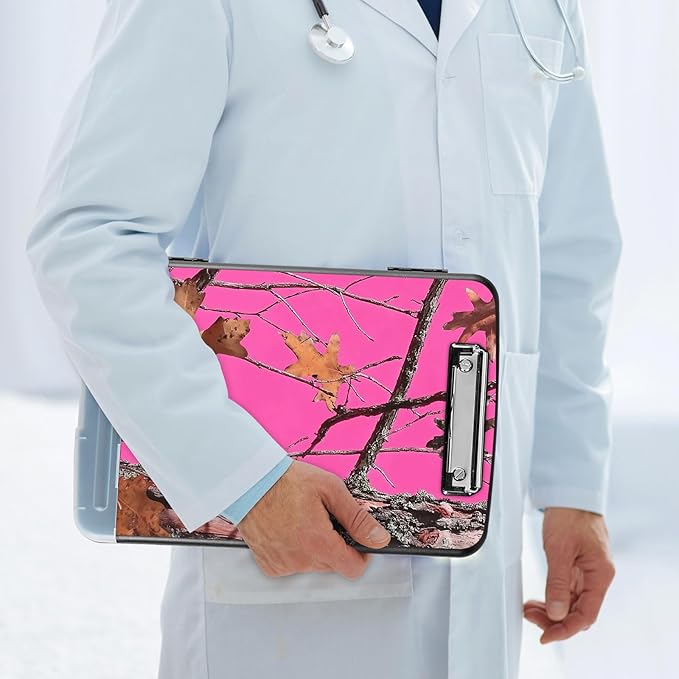 Clipboard with Storage Compartment, 8.5 x 11 Letter Size Side Opening Clip Board with Pen Holder, Hard Portable Clipboard Organizer for Nurse, Teacher, Contractor, Jobsite, Pink Dead Wood