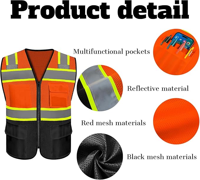 Safety Vest Reflective High Visibility with 5 Pockets ＆Zipper Class 2 Adult Unisex Construction Security Workwear