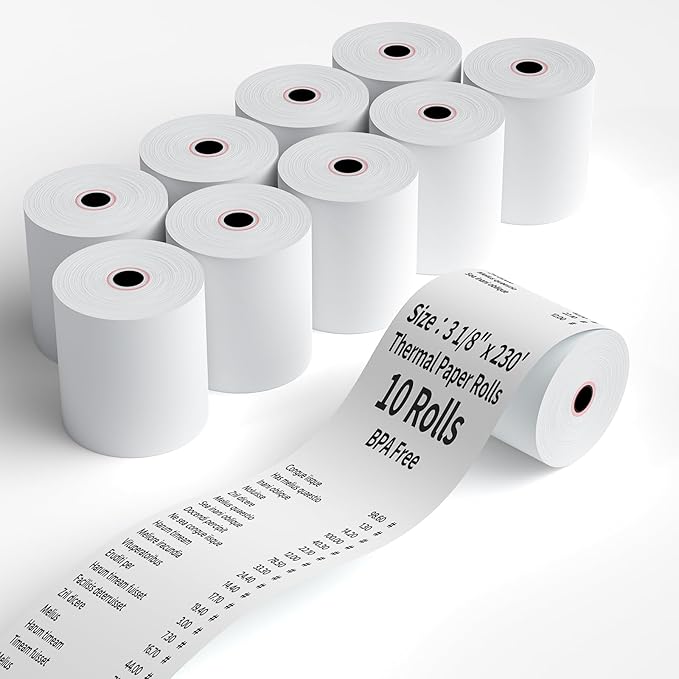(10 Rolls) 3 1/8" x 230' Thermal Receipt Paper Rolls, Cash Register POS Thermal Paper, Credit Card Rolls Thermal 3 1/8 in x 230 ft.