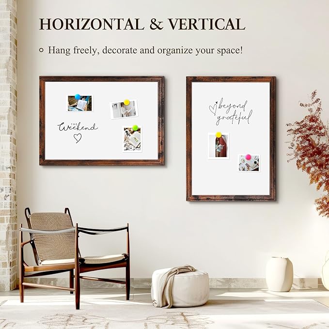 4 THOUGHT Dry Erase Board, 36" x 24" Magnetic Whiteboard Brown Vintage Wood Frame Wall-Mounted White Board Decorative Notice Board School, Office, Home, 8 Magnets 4 Markers 1 Eraser
